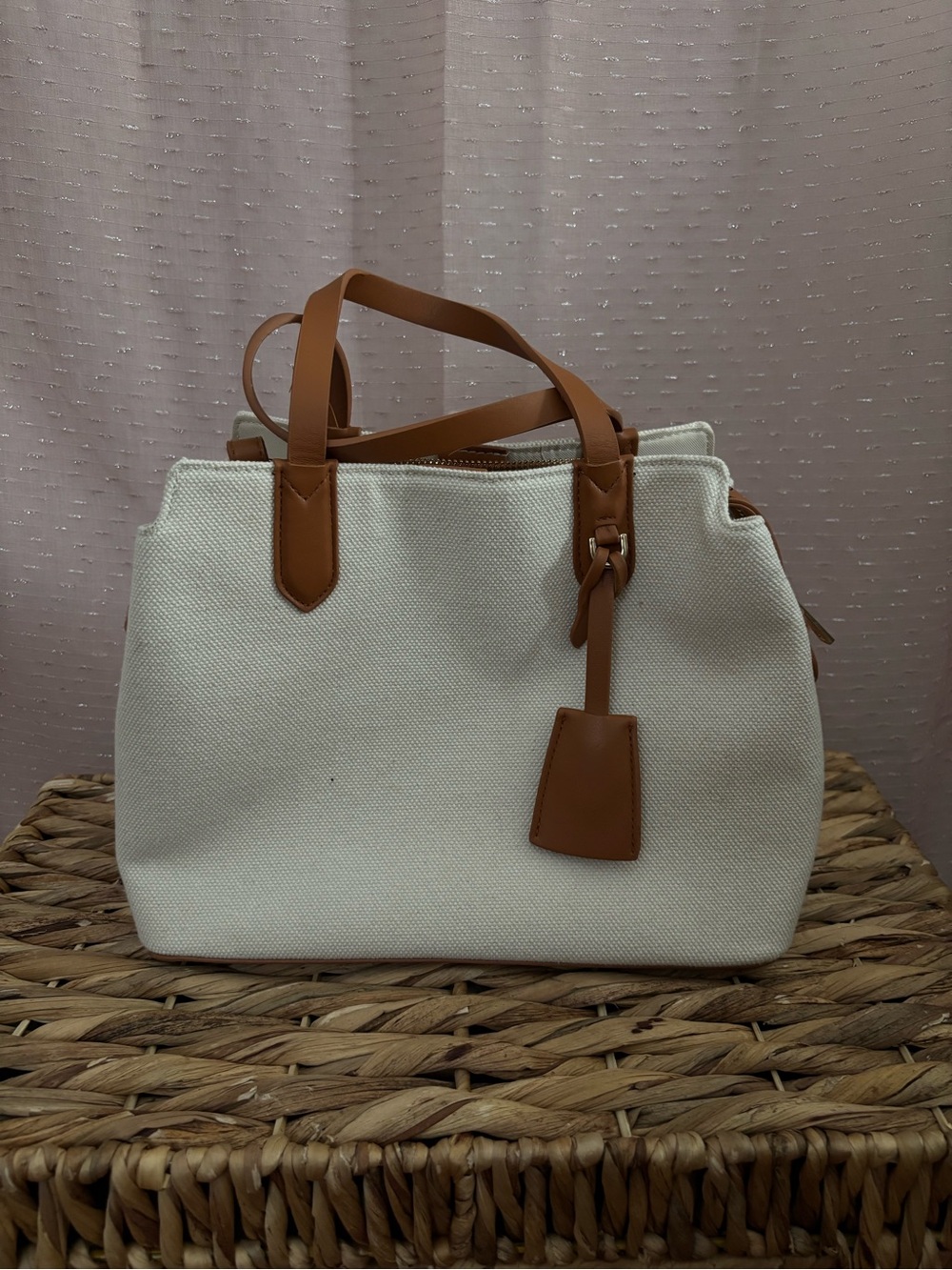 a new day Cream Canvas Tote with Tan Trim